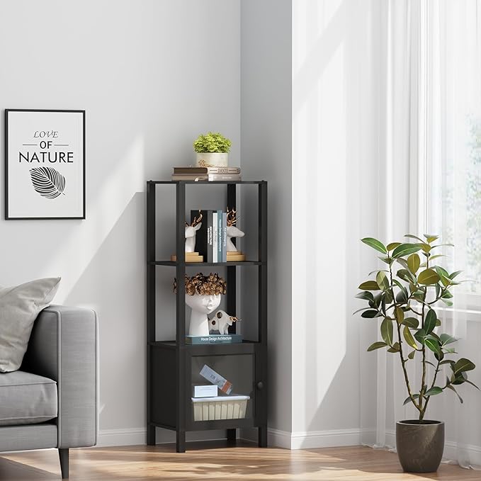 TUTOTAK 4 Tier Bookcase and Bookshelf, Narrow Book shelf with Door for Small Space, for Living Room, Office, Study, Entryway, Black BS03BK004 - LeafyLoom