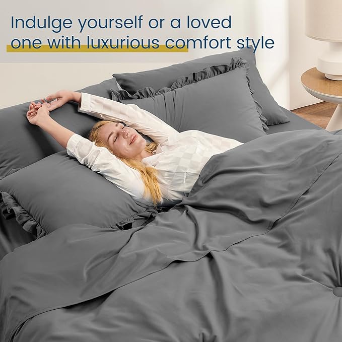 Queen Bed in a Bag 7 Pieces Comforter Set Queen, Ruffle Shabby Chic Bedding Comforter Set Dark Grey Bed Set with Comforter, Pillowcases, Flat Sheet, Fitted Sheet and Pillow Shams - LeafyLoom