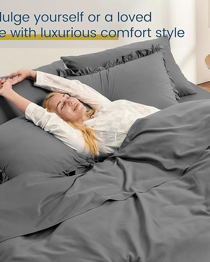 Full Bed in a Bag 7 Pieces Full Size Comforter Set, Ruffle Shabby Chic Bedding Comforter Set Dark Grey Bed Set with Comforter, Pillowcases, Flat Sheet, Fitted Sheet and Pillow Shams - LeafyLoom