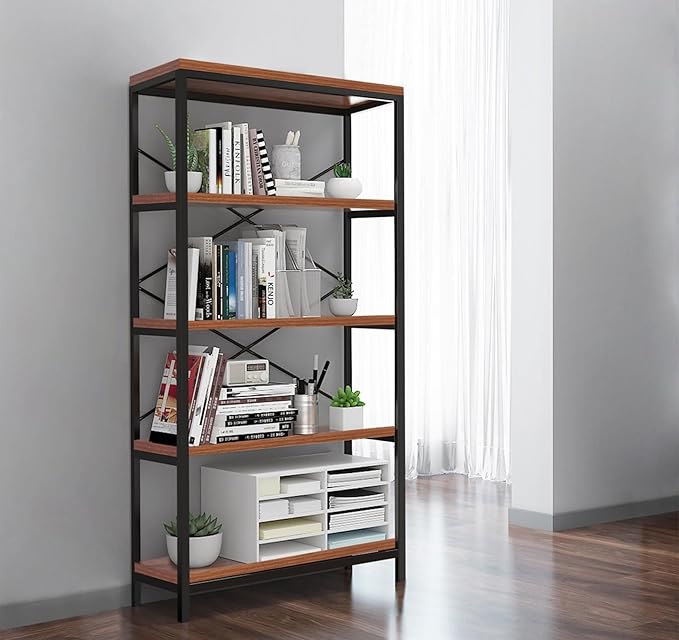 Himimi Industrial Bookshelf 5-Tier, Bookcase 58" H Ladder Shelf, Storage Shelves Rack Shelf Unit, Accent Furniture Metal Frame, Home Office Furniture for Bathroom, Living Room, Vintage Brown - LeafyLoom