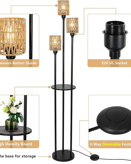 Dimmable Boho Floor Lamps for Living Room, 3-Lights Farmhouse Floor Lamp with 3-Way Foot Switch, Rattan Floor Lamp with Shelves, Rustic Standing Lamp with Rattan Shades, Tall Lamps for Bedroom - LeafyLoom