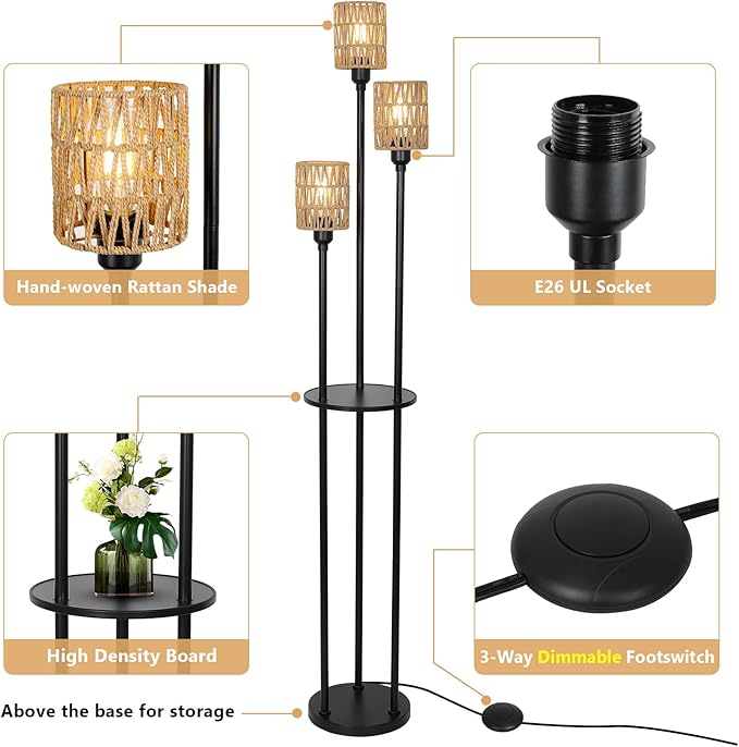 Dimmable Boho Floor Lamps for Living Room, 3-Lights Farmhouse Floor Lamp with 3-Way Foot Switch, Rattan Floor Lamp with Shelves, Rustic Standing Lamp with Rattan Shades, Tall Lamps for Bedroom - LeafyLoom