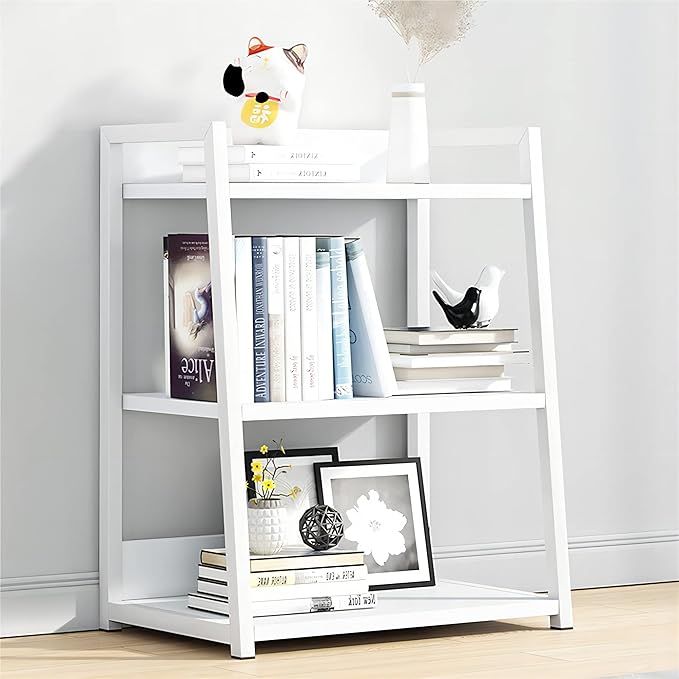 IOTXY 3 Tier Open Bookshelf - Steel and Wood Display Stand, 50CM Width Floor-Standing Bookcase, White - LeafyLoom