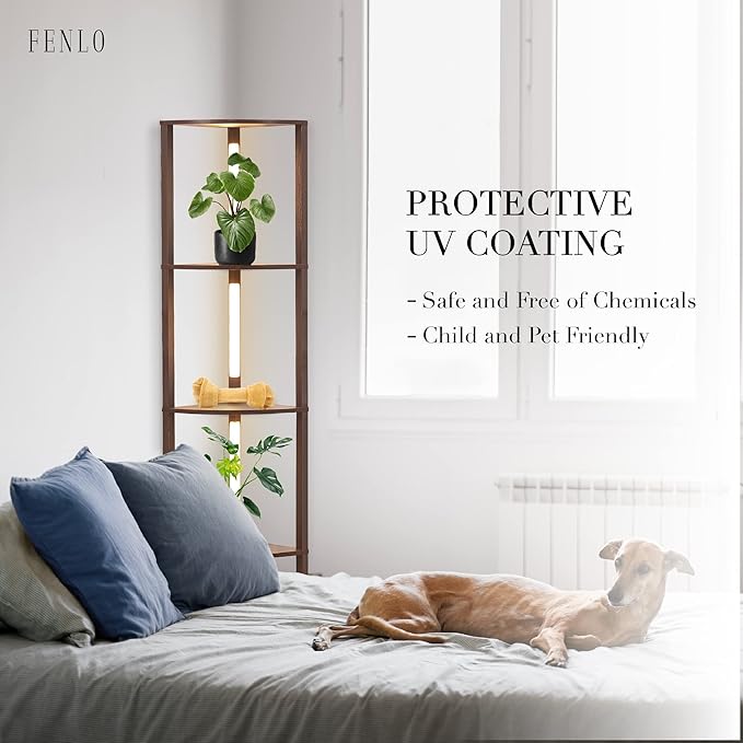 FENLO Fancy - LED Display Shelf with Dimmable Lights, LED Shelf Floor Lamps for Living Room, Sturdy Corner Shelf Curio Cabinet Display, Tall Floor Lamps with Shelves - LeafyLoom