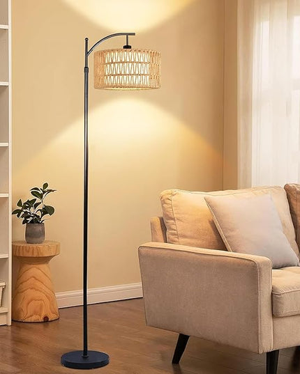 Floor Lamp for Living Room Bedroom with Remote Boho Rattan Arc Standing Lamp Dimmable Black Farmhouse Wicker Bamboo Lamp Shade Floor Light Adjustable Tall Lamp Industrial Floor Lamps Bohemian - LeafyLoom