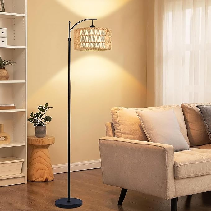Floor Lamp for Living Room Bedroom with Remote Boho Rattan Arc Standing Lamp Dimmable Black Farmhouse Wicker Bamboo Lamp Shade Floor Light Adjustable Tall Lamp Industrial Floor Lamps Bohemian - LeafyLoom