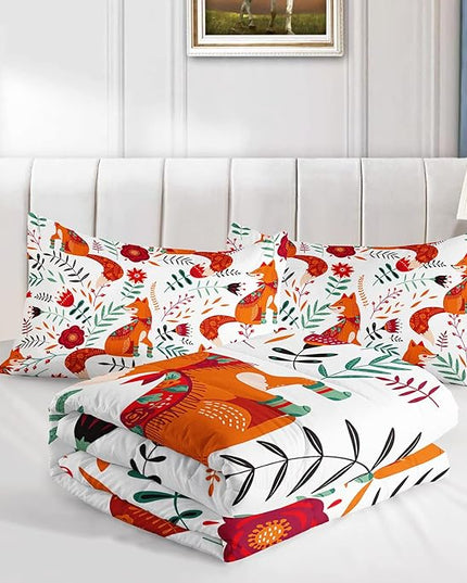 Cartoon Fox Comforter Set 3-Pieces Cute Fox Bedding Set Plants Leaves Printed Quilt Set for Kids Boys Girls with 2 Pillowcases Queen - LeafyLoom