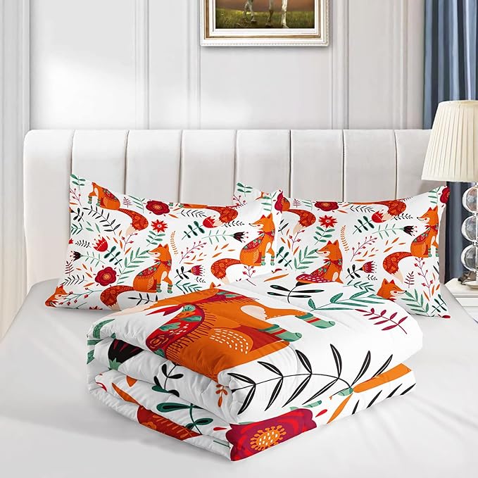Cartoon Fox Comforter Set 3-Pieces Cute Fox Bedding Set Plants Leaves Printed Quilt Set for Kids Boys Girls with 2 Pillowcases Full - LeafyLoom