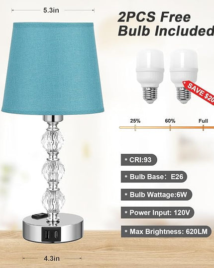 Acaxin Bedside Lamps for Bedrooms Set of 2 Nightstand- Crystal Table Lamp with USB C+A Ports & AC Outlet for Charging, 3 Way Dimmable Touch Silver Small Bed Side Table Lamp for Living Room - LeafyLoom