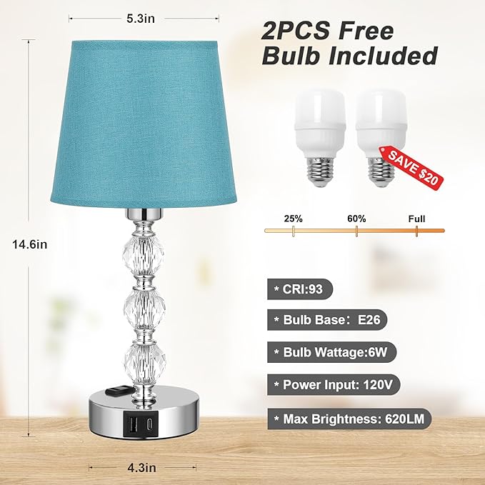 Acaxin Bedside Lamps for Bedrooms Set of 2 Nightstand- Crystal Table Lamp with USB C+A Ports & AC Outlet for Charging, 3 Way Dimmable Touch Silver Small Bed Side Table Lamp for Living Room - LeafyLoom