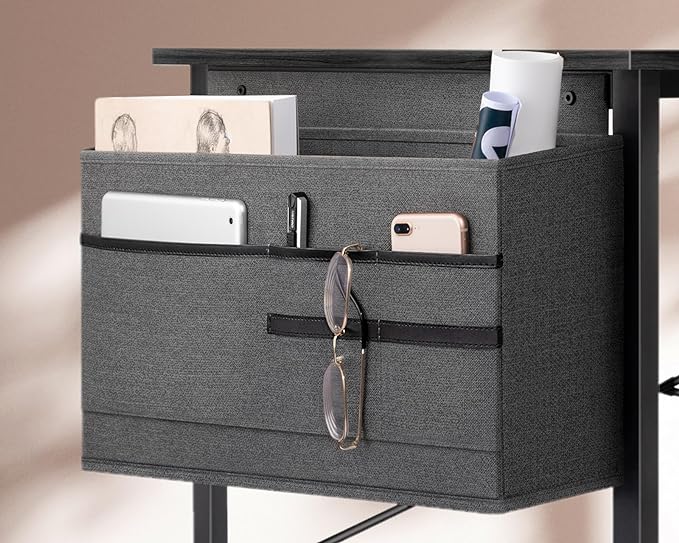 KKL Small Desk with Power Outlets and USB Port Computer Desk for Home Office Gaming Simple Modern Style Writing Desks with Storage Bag Headphone Hook, 32 inch, Black - LeafyLoom