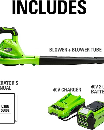 Greenworks 40V Leaf Blower/Sweeper, 150 MPH, Lightweight, Quiet, with 2.0 Ah Battery and Charger - LeafyLoom