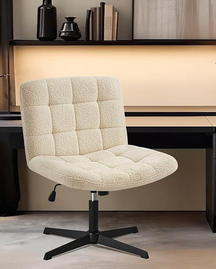 Furniliving Home Office Desk Chair No Wheels, Criss Cross Legged Wide Chair Armless Height Adjustable Chair with Mid Back Swivel Accent Vanity Chairs, Sherpa-IvoryWhite - LeafyLoom