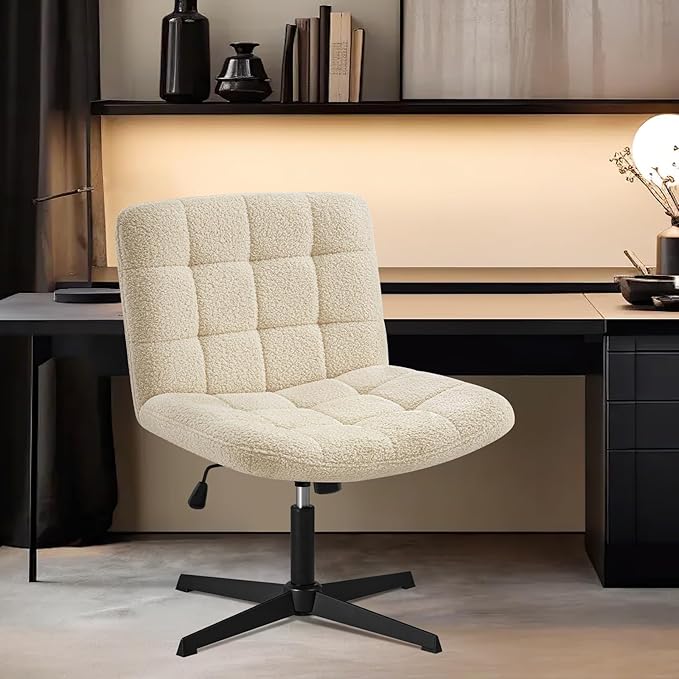 Furniliving Home Office Desk Chair No Wheels, Criss Cross Legged Wide Chair Armless Height Adjustable Chair with Mid Back Swivel Accent Vanity Chairs, Sherpa-IvoryWhite - LeafyLoom