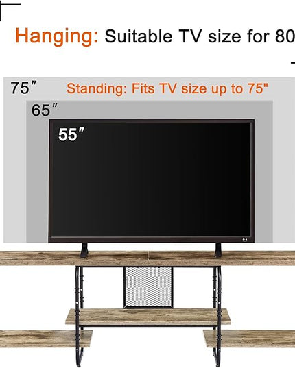 VECELO Industrial Television Entertainment Center Console Stand with Three Open Storage Shelves for Living Room/Bedroom, Classic Grey, 75 inch TV, Gray - LeafyLoom