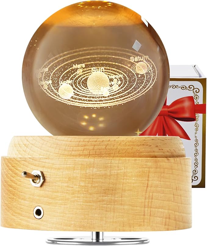 Crystal Ball Globe Solar System Music Box LED Night Light Lamp, Best Decor Gifts for Father Dad Husband Men Boyfriend Girlfriend Mom Women Wife Daughter Kids, Graduation Birthday Anniversary Wedding - LeafyLoom