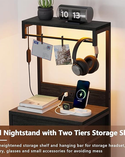 Furnulem Tall Nightstands Set of 2, Night Stand with 4 Drawers and shelves, Tall Bedside Table with USB Port Charging and LED Lights, Side Table for Bedroom, Office, Dorm (Black Oak) - LeafyLoom