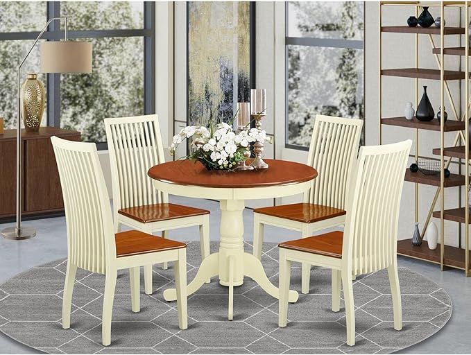 East West Furniture ANIP5-BMK-W 5 Piece Set for 4 Includes a Round Kitchen Table with Pedestal and 4 Dining Room Chairs, 36x36 Inch - LeafyLoom