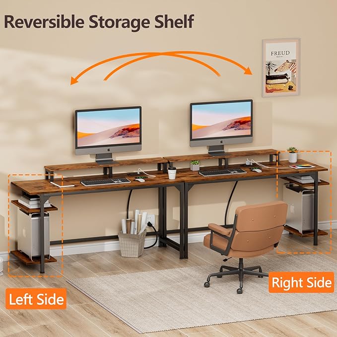 Furologee Computer Desk with Charging Station and LED Lights, 55" Office Gaming Desk with Adjustable Shelves and Fabric Drawer, Study Table with Monitor Stand and Hooks, Rustic Brown - LeafyLoom