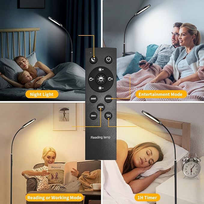 Airand LED Floor Lamp, 12W/1000lm Gooseneck Floor Standing Reading Light with Stepless Adjustable 3000K-6000K Colors and Timer, Remote and Touch Control, Sofa Standing lamp for Room, Bedroom, Office - LeafyLoom