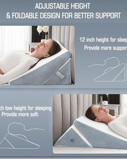 Bed Wedge Pillow for Sleeping, 9&12 Inch Adjustable Pillow Wedge Acid Reflux Pillow, 7-in-1 Memory Foam Wedge Pillow for Back Pain Relief, Gerd, Snoring - LeafyLoom
