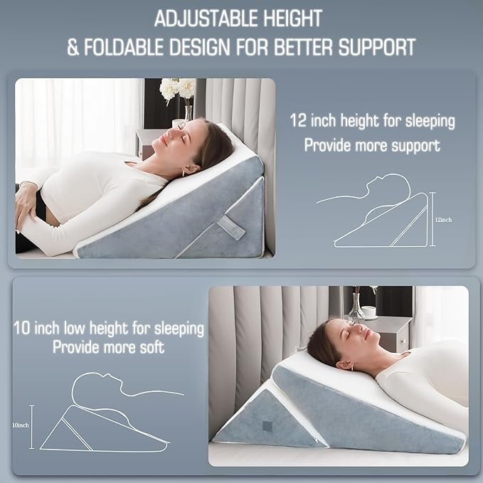Bed Wedge Pillow for Sleeping, 9&12 Inch Adjustable Pillow Wedge Acid Reflux Pillow, 7-in-1 Memory Foam Wedge Pillow for Back Pain Relief, Gerd, Snoring - LeafyLoom