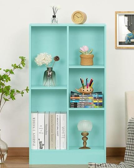 LEYAOYAO 5 Cube Bookshelf with Base,3 Tier Modern Mint-Green Kids Bookcase,Standing Wide Bookshelves Storage Organizer Toy Shelf,Wood Display Children's Book Shelves for Bedroom,Living Room,Nursery - LeafyLoom