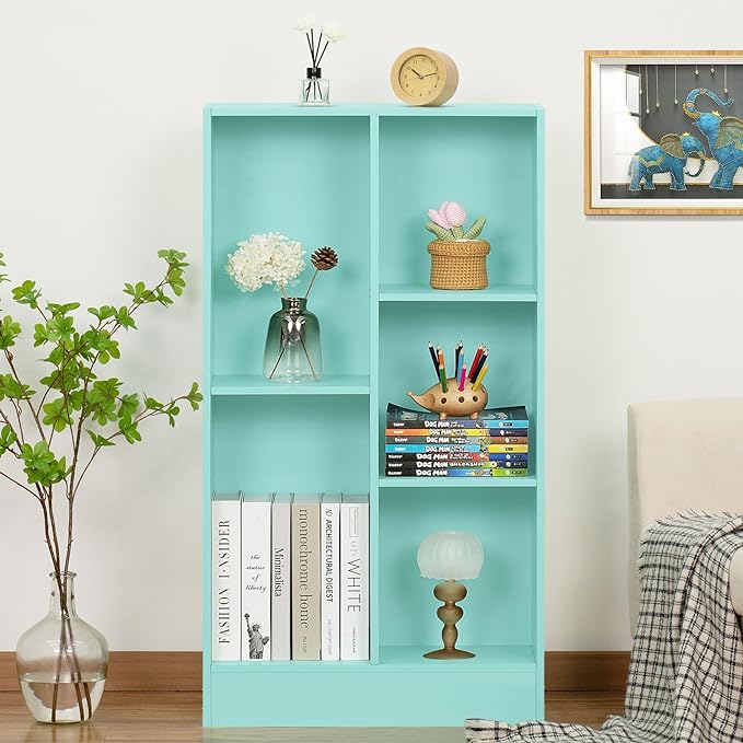 LEYAOYAO 5 Cube Bookshelf with Base,3 Tier Modern Mint-Green Kids Bookcase,Standing Wide Bookshelves Storage Organizer Toy Shelf,Wood Display Children's Book Shelves for Bedroom,Living Room,Nursery - LeafyLoom