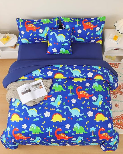 Dinosaur Comforter Set for Boys, 6 Pcs Bed in a Bag Twin Blue Dinosaur Wild Park Jungle Print Kids Bedding Set with Sheets - LeafyLoom