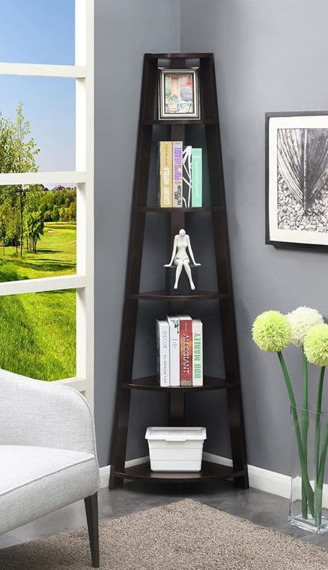 Convenience Concepts Newport 5 Tier Corner Bookcase, Espresso - LeafyLoom