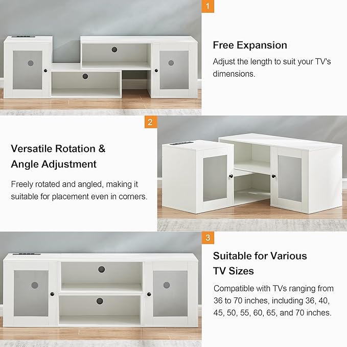 VECELO LED TV Stand for Televisions up to 70 Inchs Modern Entertainment Center with Storage Media Console with 23 Flashing Options and 4 Customizable Modes for Living Room, Bedroom, White - LeafyLoom