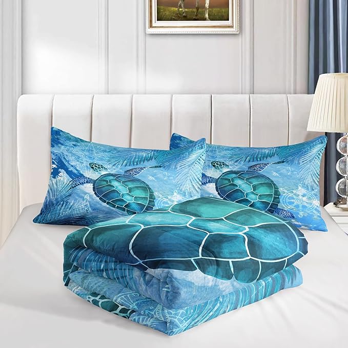 CVHOUSE Sea Turtle Bedding Set,Sea Turtle Comforter Full,Ocean Bohemia Comforter Set for Boys Kids Girls,Ocean Quilt Set with 1 Comforter and 2 Pillow Cases - LeafyLoom