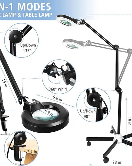 8X Magnifying Glass with Light and Stand, LANCOSC Floor Lamp with 5-Wheel Rolling Base for Facials Lash Estheticians, 1,500 Lumens Dimmable LED Lighted Magnifier for Reading Sewing Crafts - Black - LeafyLoom