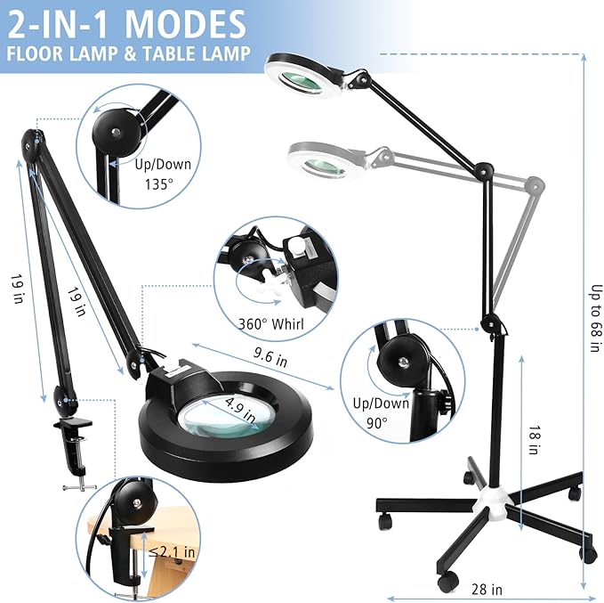 8X Magnifying Glass with Light and Stand, LANCOSC Floor Lamp with 5-Wheel Rolling Base for Facials Lash Estheticians, 1,500 Lumens Dimmable LED Lighted Magnifier for Reading Sewing Crafts - Black - LeafyLoom