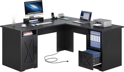YITAHOME L Shaped Desk with Power Outlets, 60 Inch Computer Desk Corner Desk with File Drawer, Home Office Desk with Monitor Stand & Storage Shelves, L-Shaped Desk with File Cabinet, Black - LeafyLoom
