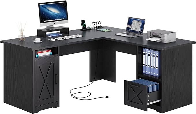 YITAHOME L Shaped Desk with Power Outlets, 60 Inch Computer Desk Corner Desk with File Drawer, Home Office Desk with Monitor Stand & Storage Shelves, L-Shaped Desk with File Cabinet, Black - LeafyLoom