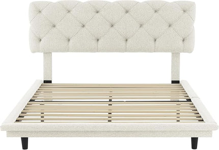 Full Size Linen Upholstered Bed with Light Stripe,Floating Platform Beds,w/Headboard and Wooden Slats Support,for Apartment,Bedroom,Living Room,Easy Assembly,Beige - LeafyLoom