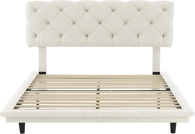 Full Size Linen Upholstered Bed with Light Stripe,Floating Platform Beds,w/Headboard and Wooden Slats Support,for Apartment,Bedroom,Living Room,Easy Assembly,Beige - LeafyLoom