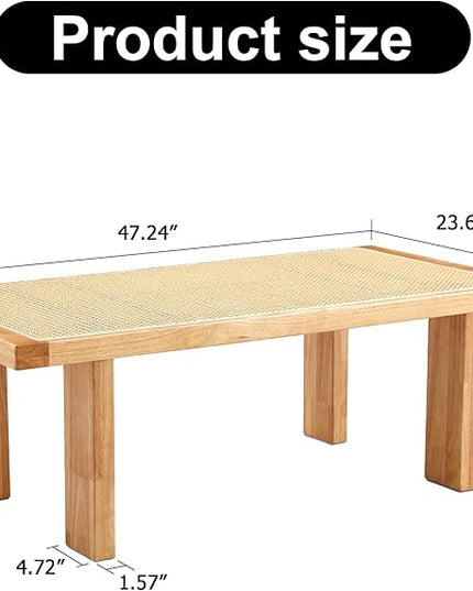 47.24'' Modern Rattan Coffee Table Imitation Rattan Tabletop with Rubber Wooden Legs Rectangle Coffee Tea Table for Living Room Dining Room - LeafyLoom