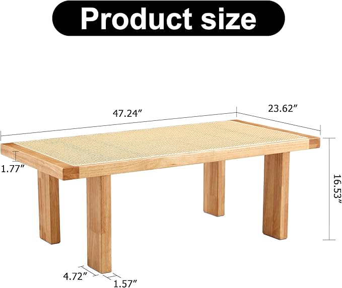 47.24'' Modern Rattan Coffee Table Imitation Rattan Tabletop with Rubber Wooden Legs Rectangle Coffee Tea Table for Living Room Dining Room - LeafyLoom