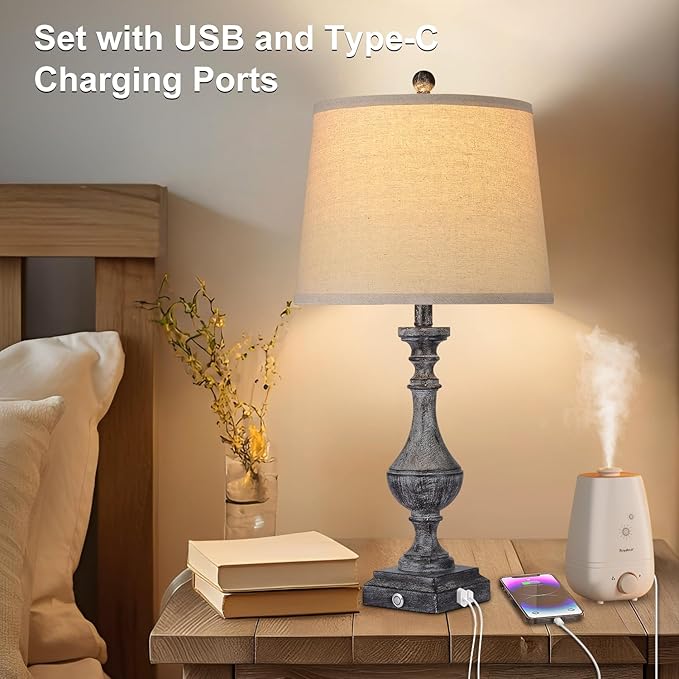 AKASUKI 27.5 Inch Drak Grey Farmhouse Table Lamps for Living Room Set of 2 with USB and Type-C Port, 3-Way Dimmable Table Lamps for Bedroom Vintage Rustic Bedside Lamps for bedrooms(Bulbs Included) - LeafyLoom