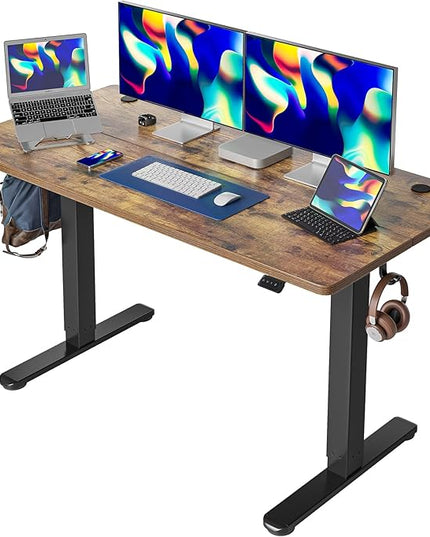 Cubiker 55 x 24 Inch Standing Desk, Stand up Height Adjustable Home Office Electric Table, Sit Stand Desk with Splice Board, Black Frame & Rustic Brown Desktop - LeafyLoom