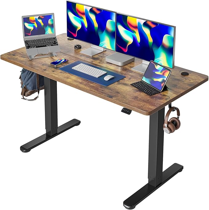 Cubiker 55 x 24 Inch Standing Desk, Stand up Height Adjustable Home Office Electric Table, Sit Stand Desk with Splice Board, Black Frame & Rustic Brown Desktop - LeafyLoom