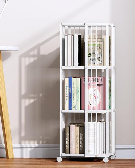 Rotating Bookcase White 3 Tiers Metal Large Capacity Bookshelf, 360°Cubic for Small Space with Storage and Creative Multi-Layer Shelves,Magazine Books for Bedroom Living Room Study Office - LeafyLoom