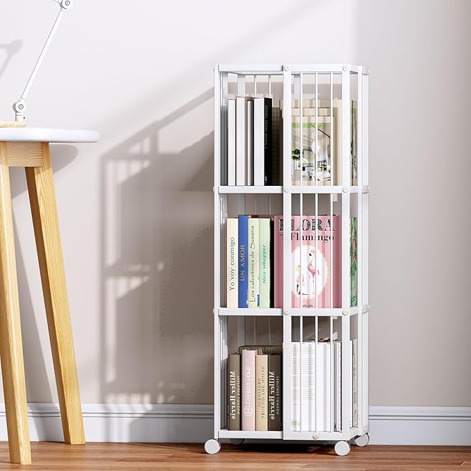Rotating Bookcase White 3 Tiers Metal Large Capacity Bookshelf, 360°Cubic for Small Space with Storage and Creative Multi-Layer Shelves,Magazine Books for Bedroom Living Room Study Office - LeafyLoom