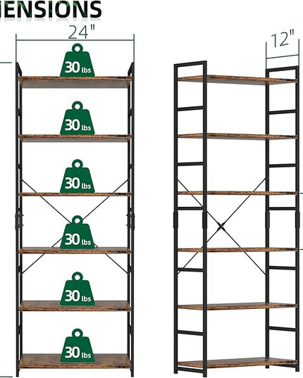 OTK 6 Tier Adjustable Bookshelf, Tall Bookcase, Office Shelf Storage Organizer, Modern Book Shelf for Living Room, Bedroom, and Home Office, Vintage - LeafyLoom