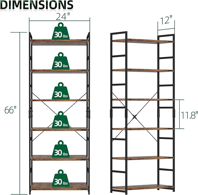 OTK 6 Tier Adjustable Bookshelf, Tall Bookcase, Office Shelf Storage Organizer, Modern Book Shelf for Living Room, Bedroom, and Home Office, Vintage - LeafyLoom