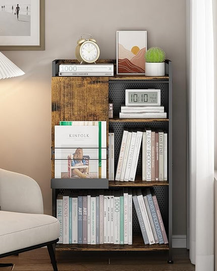 4 Tier Large Bookshelf with Storage Cabinet, Metal Industrial Bookcase Storage Organizer with Sliding Door, Open Standing Shelf Unit for Bedroom, Living Room, Home Office, Rustic Brown - LeafyLoom
