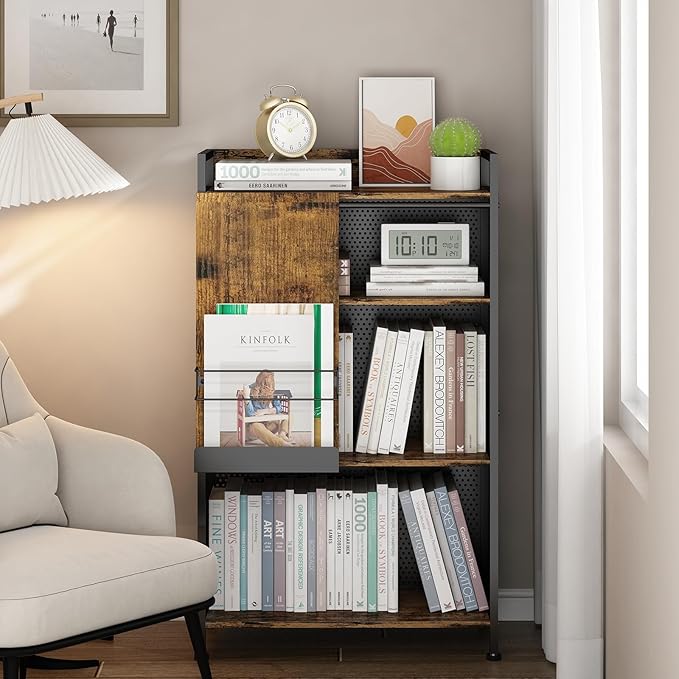 4 Tier Large Bookshelf with Storage Cabinet, Metal Industrial Bookcase Storage Organizer with Sliding Door, Open Standing Shelf Unit for Bedroom, Living Room, Home Office, Rustic Brown - LeafyLoom