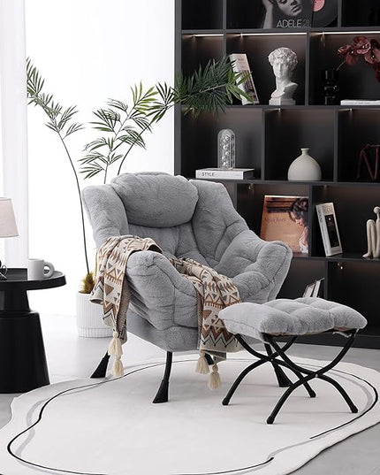 Lazy Chair with Ottoman, Modern Soft Reading Chair Accent Contemporary Lounge Leisure Sofa Chair with Armrests and a Side Pocket for Living Room, Bedroom, Dorm & Office, Plush Grey - LeafyLoom